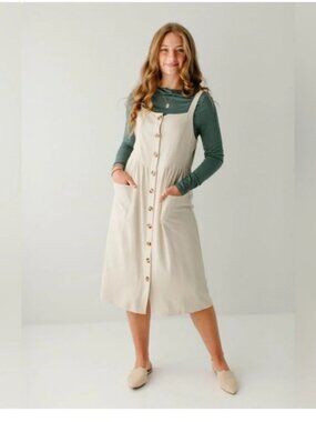 The Main Street Exchange Tan Beige Button Cora Linen Pinafore Jumper Sundress
